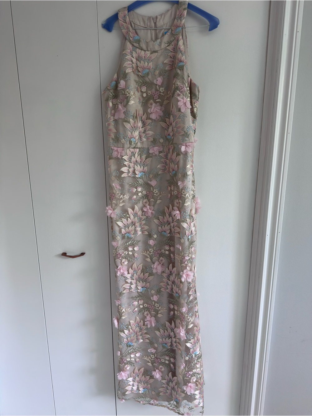 Floral Appliqué Sleeveless Maxi Dress - Soft Pink & Sage with earrings.